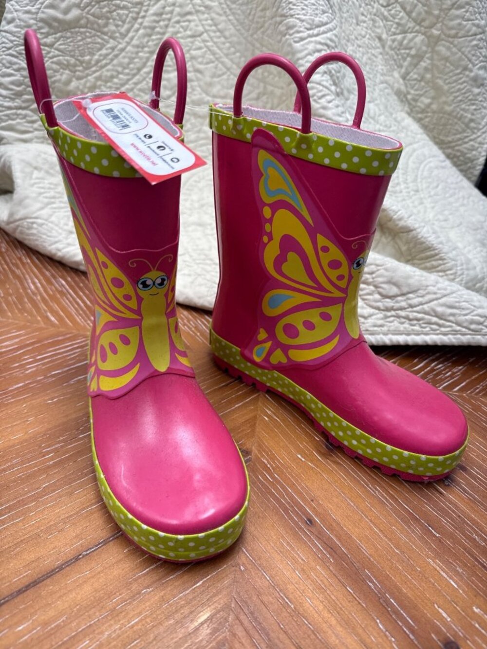 Wootie Size 13 Kids Butterfly Rain Boots Pink Green Waterproof Pull-On Polka Dot